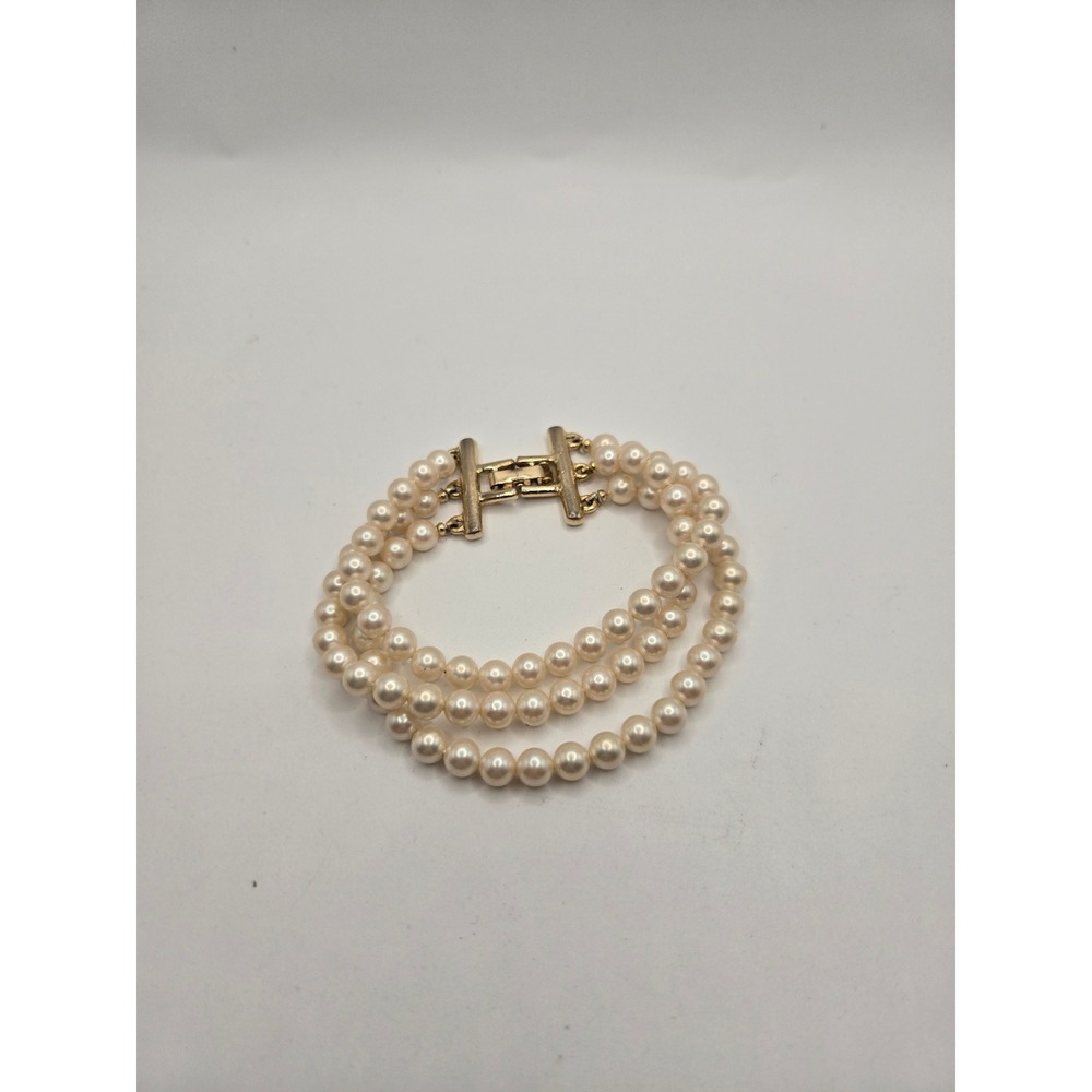 Vintage Style Triple Strand Faux Pearl Bracelet Gold Tone Fold Over Clasp Cream